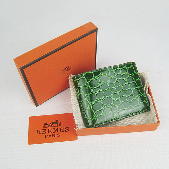 Cheap Replica Hermes Green Crocodile Veins Bi-Fold Wallet H014